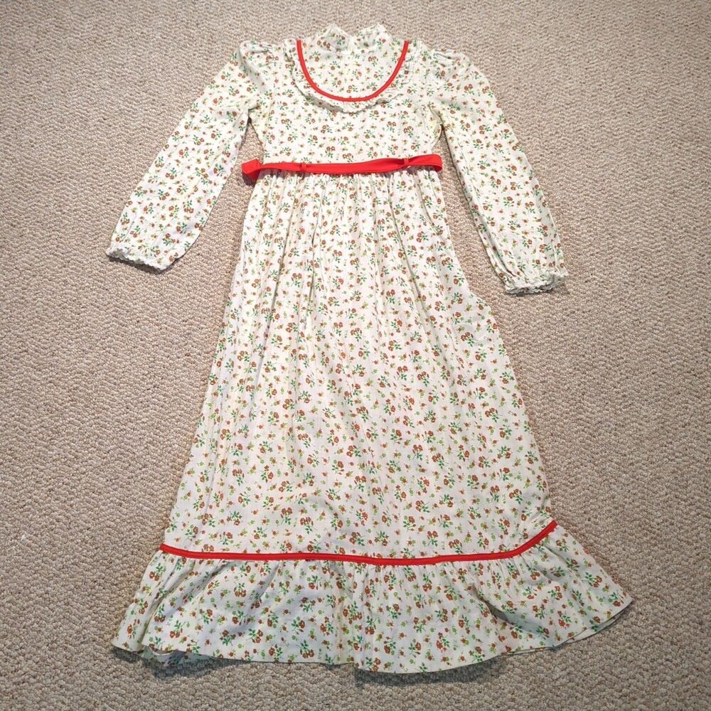 Vintage Prairie Dress Womens M Red Floral Lace Collar Cottagecore Ditsy